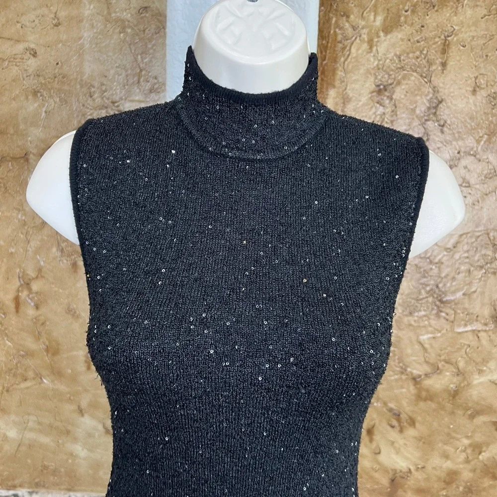 Avec‎ Les Filles Mock Neck Dress XS Black Sequin Knit Sleeveless Bodycon Sparkly